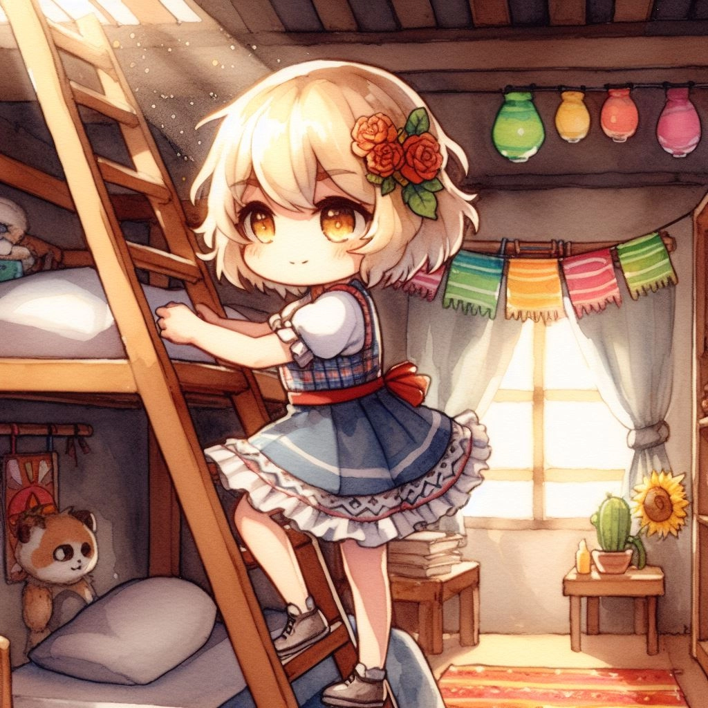 メキシコのガーランドなどが飾ってある部屋に住む少女。