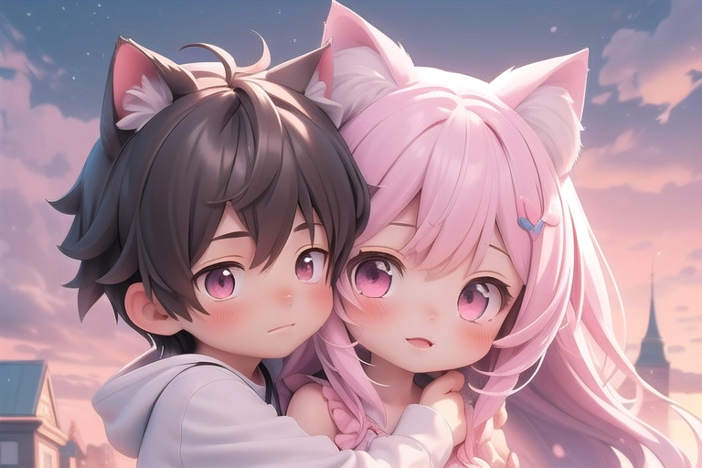 ネコ耳着けたカップルが夕やけニャンニャン