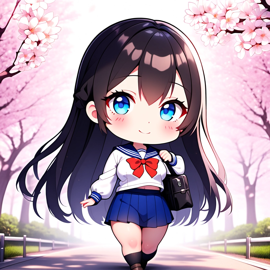 桜並木を通学するJK